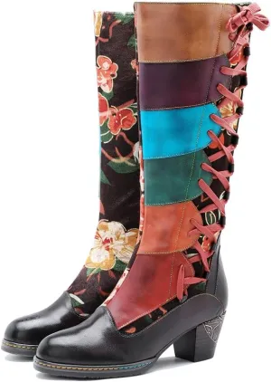 Women's Knee High Boots Floral Patchwork Lacing Chunky Heel Boots Cowboy Cowgirl Boots Vintage Western Mid Calf Boots Fashion Riding Shoes Side Zipper Leather Boots