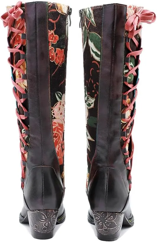 Women's Knee High Boots Floral Patchwork Lacing Chunky Heel Boots Cowboy Cowgirl Boots Vintage Western Mid Calf Boots Fashion Riding Shoes Side Zipper Leather Boots
