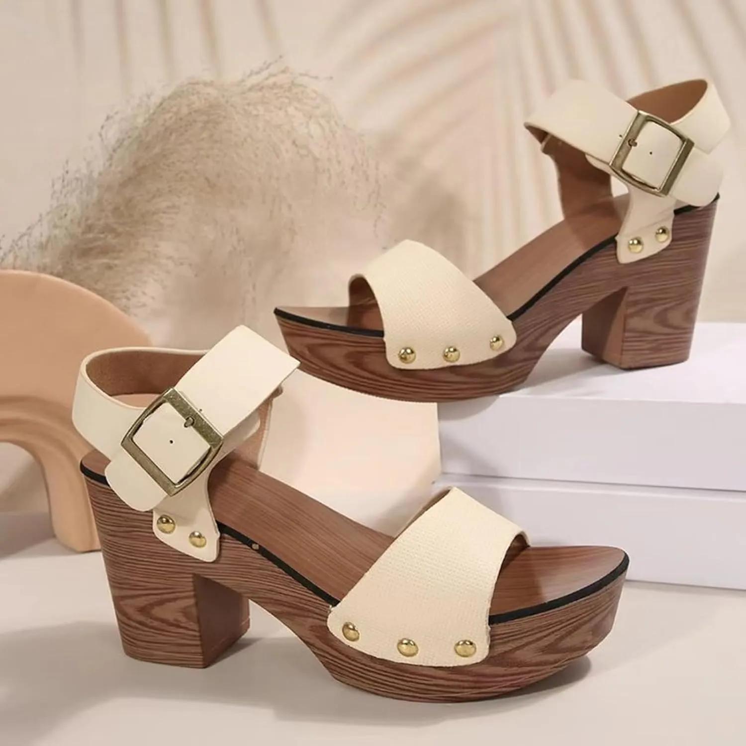 Womens Peep Toe Heels Chunky Heel Sandals Ankle Strap Buckle Open Toe Dress Wood Heels Summer High Heeled Platform Sandal