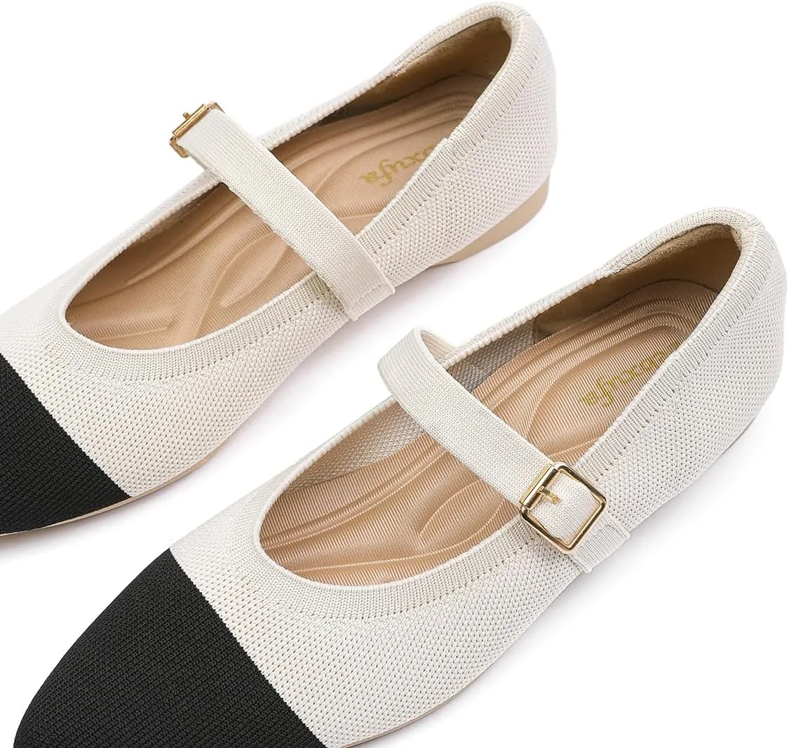 Women's Pointed Toe Knit Mary Jane Ballet Flats for Office Casual Wear Stretchy Dressy Slip-On Shoes with Arch Support