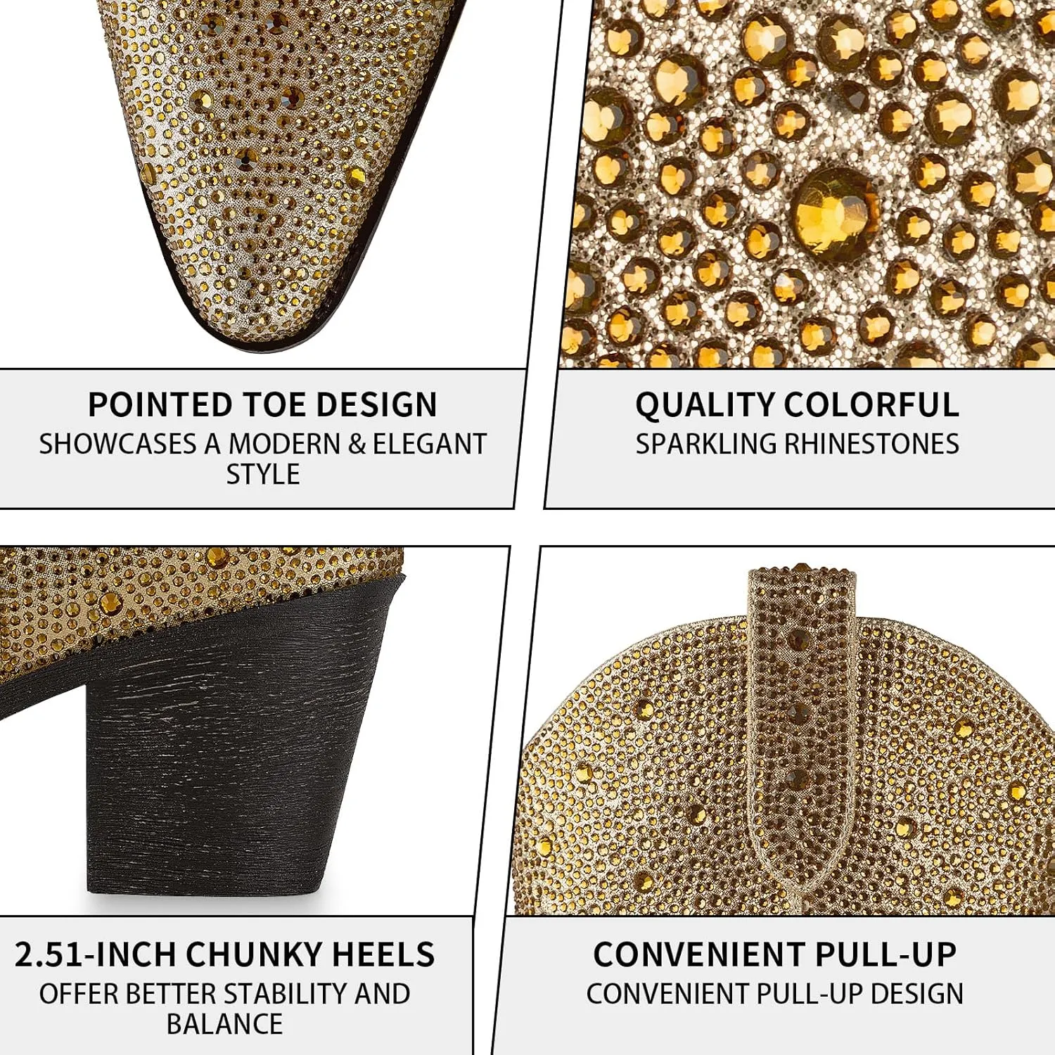 Women’s Rhinestone Cowboy Boots Pointed Toe Mid Calf Boots Sparkly Block Heel Cowgirl Boots with Pull On Tabs