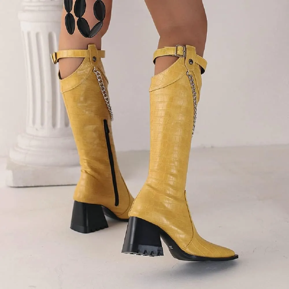 Women's Snake Pattern Length Boots Tall Chunky Heel Pointed Toe Knee-High Boots Autumn And Winter Chain Belt Buckle Knight Boots