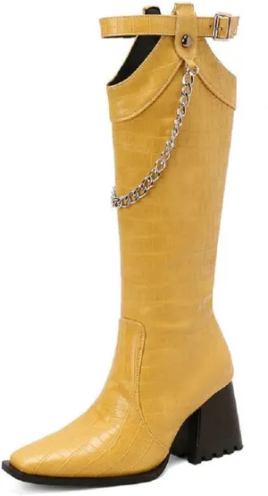 Women's Snake Pattern Length Boots Tall Chunky Heel Pointed Toe Knee-High Boots Autumn And Winter Chain Belt Buckle Knight Boots