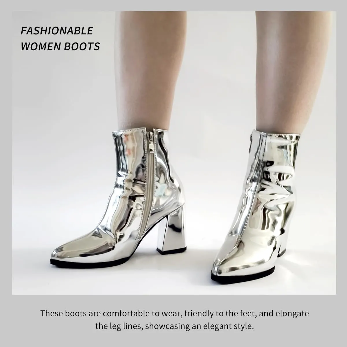 Women's Sparkle Ankle Boots Pointed toe Chrome Dress Booties with Chunky Heel