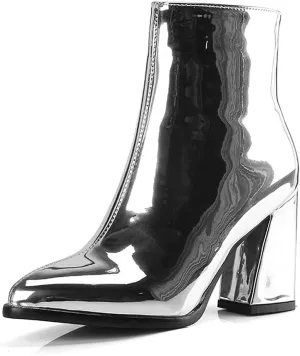 Women's Sparkle Ankle Boots Pointed toe Chrome Dress Booties with Chunky Heel