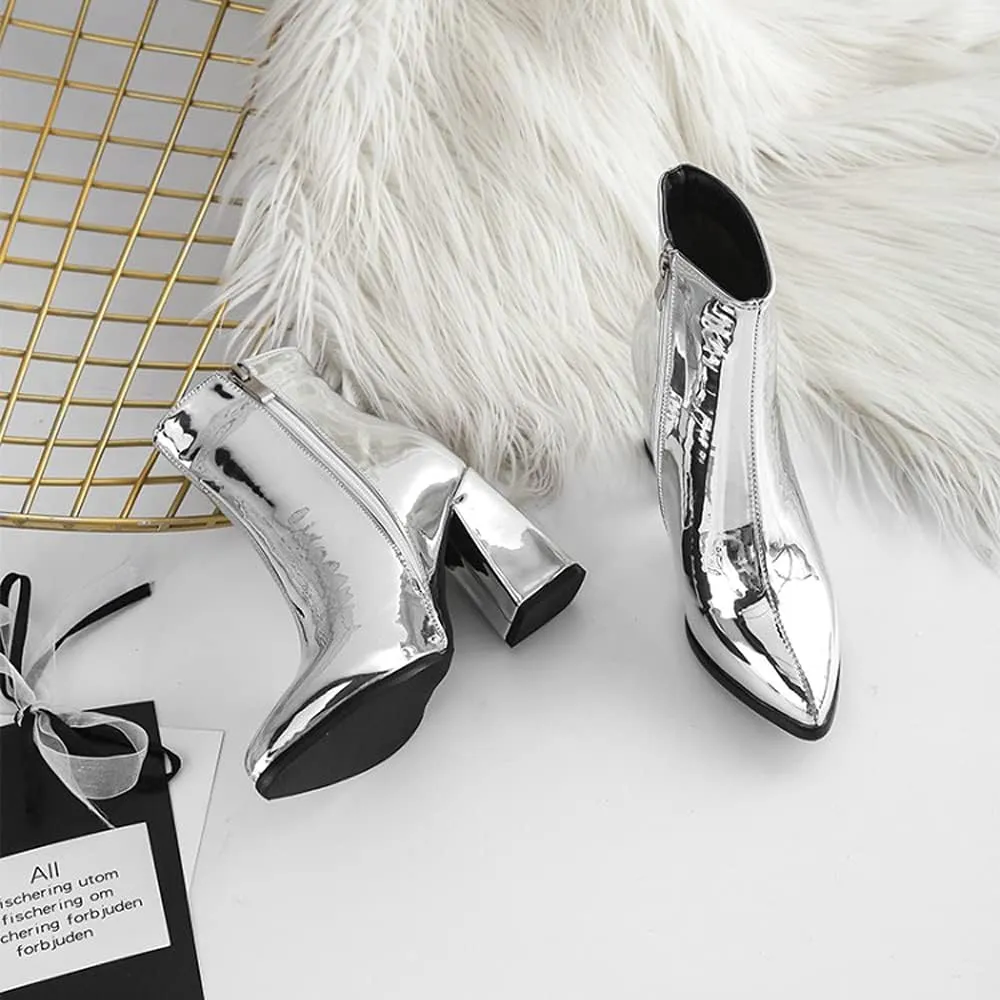 Women's Sparkle Ankle Boots Pointed toe Chrome Dress Booties with Chunky Heel