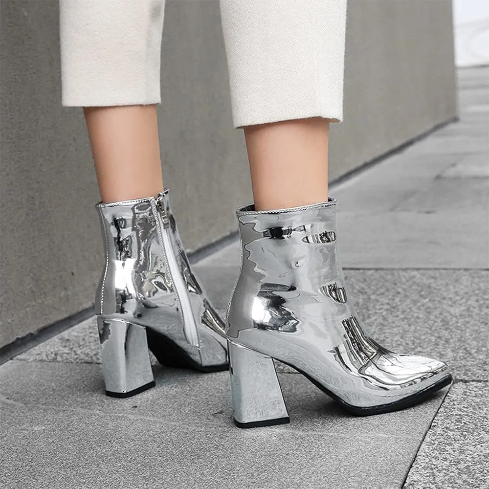 Women's Sparkle Ankle Boots Pointed toe Chrome Dress Booties with Chunky Heel