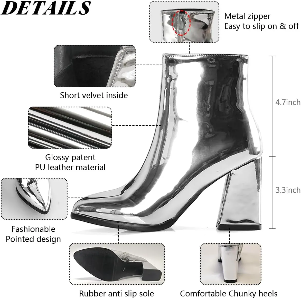 Women's Sparkle Ankle Boots Pointed toe Chrome Dress Booties with Chunky Heel