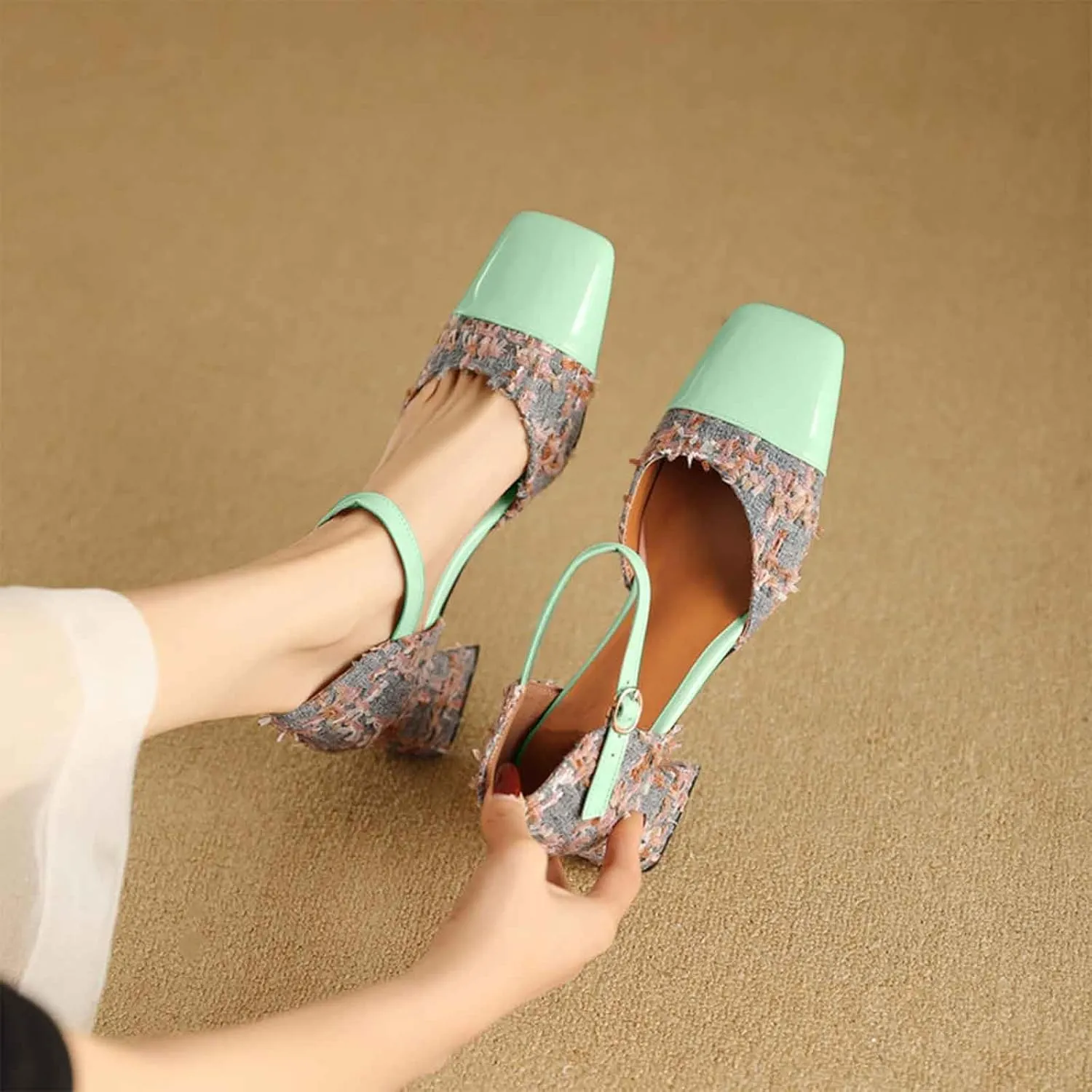 Women's Square Closed Toe D'Orsay Pumps Two Tone Block Mid Heel Wedding Party Dress Shoes Fashion Patchwork Mary Jane Heels Multicolor Classic Comfy Tweed Heels Office Shoes