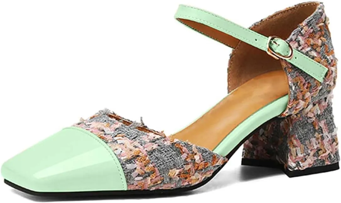 Women's Square Closed Toe D'Orsay Pumps Two Tone Block Mid Heel Wedding Party Dress Shoes Fashion Patchwork Mary Jane Heels Multicolor Classic Comfy Tweed Heels Office Shoes