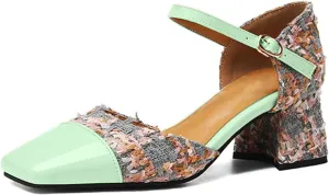 Women's Square Closed Toe D'Orsay Pumps Two Tone Block Mid Heel Wedding Party Dress Shoes Fashion Patchwork Mary Jane Heels Multicolor Classic Comfy Tweed Heels Office Shoes