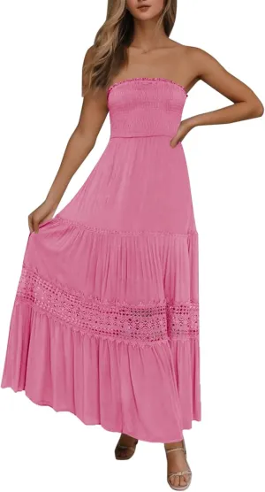 Womens Summer Bohemian Strapless Off Shoulder Lace Trim Backless Flowy A Line Beach Long Maxi Dress Womens Tunic