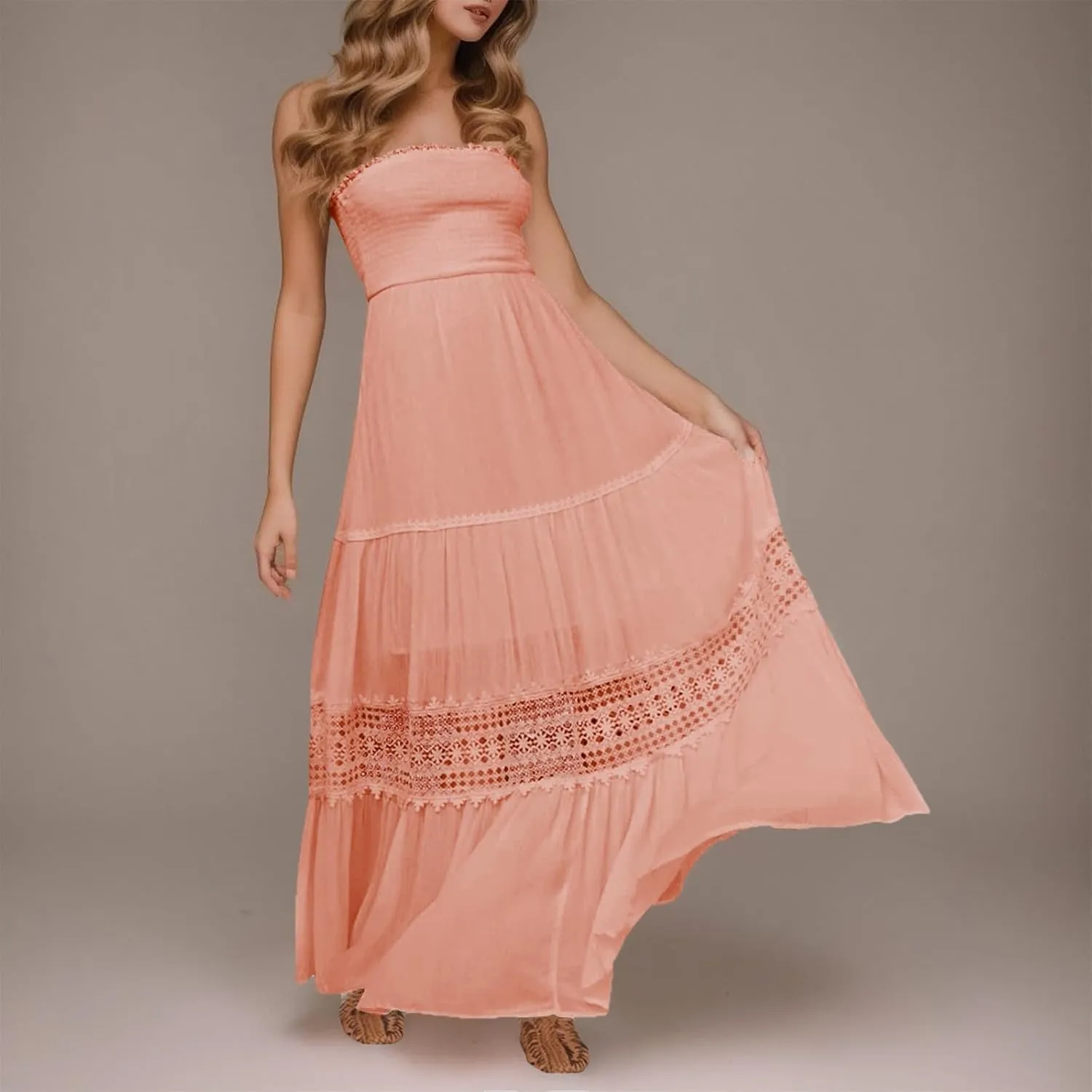 Womens Summer Bohemian Strapless Off Shoulder Lace Trim Backless Flowy A Line Beach Long Maxi Dress Womens Tunic