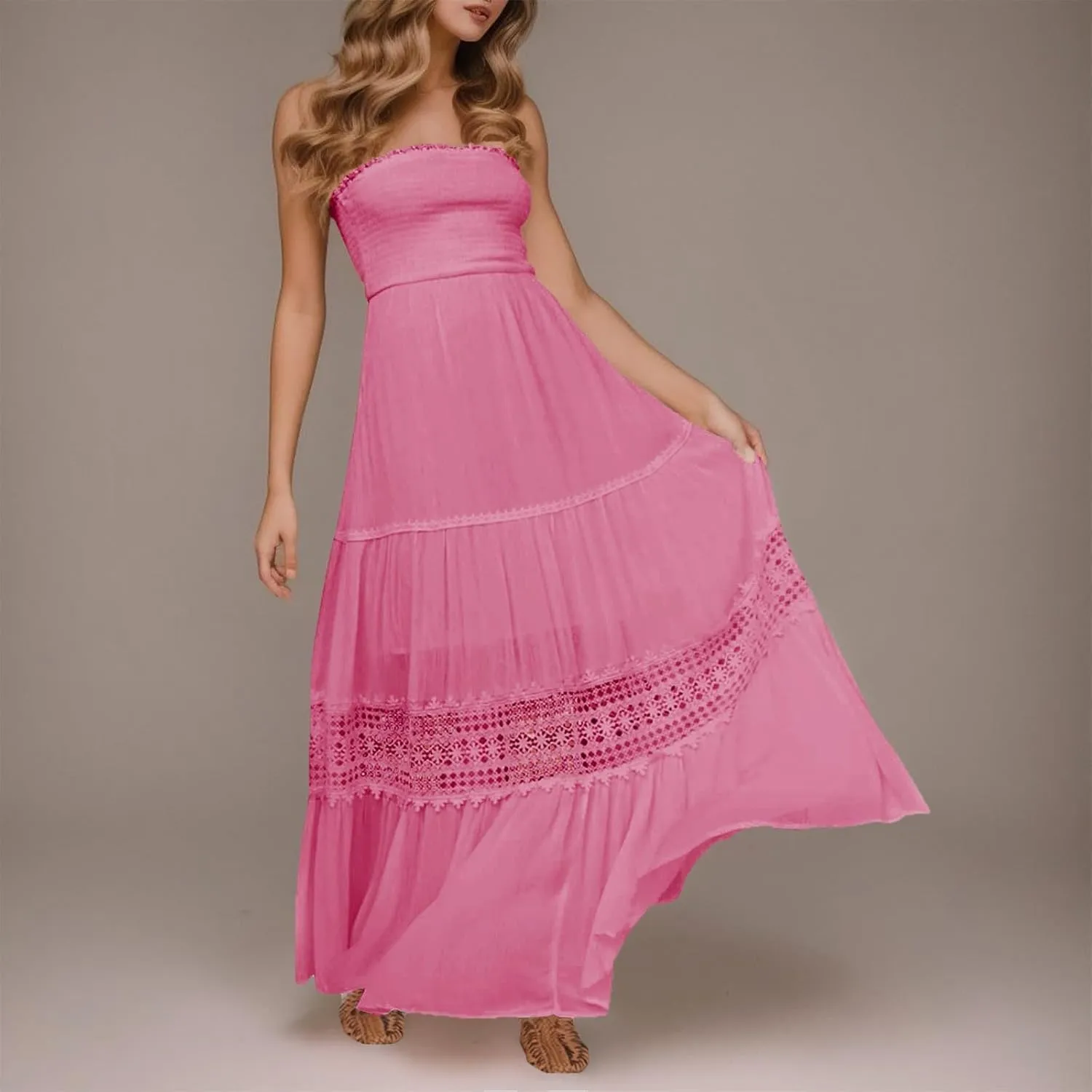 Womens Summer Bohemian Strapless Off Shoulder Lace Trim Backless Flowy A Line Beach Long Maxi Dress Womens Tunic
