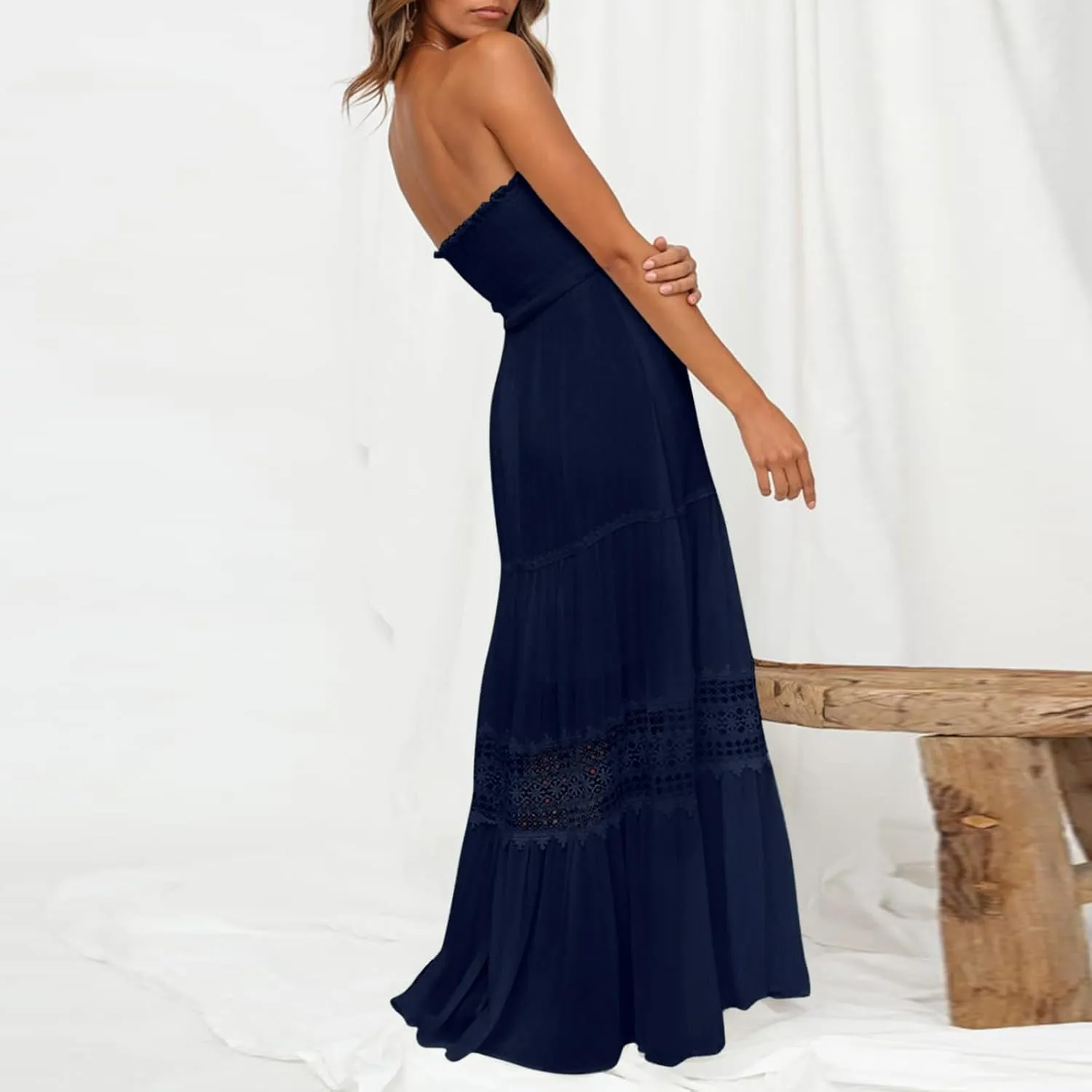 Womens Summer Bohemian Strapless Off Shoulder Lace Trim Backless Flowy A Line Beach Long Maxi Dress Womens Tunic