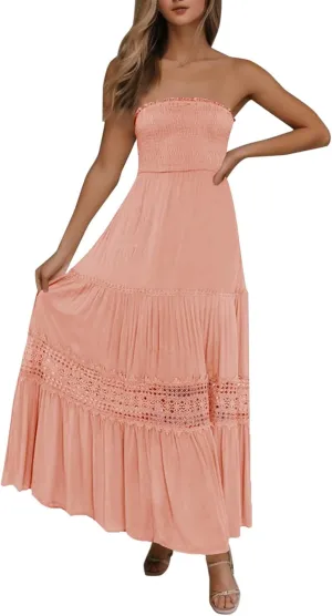 Womens Summer Bohemian Strapless Off Shoulder Lace Trim Backless Flowy A Line Beach Long Maxi Dress Womens Tunic