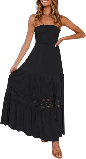 Womens Summer Bohemian Strapless Off Shoulder Lace Trim Backless Flowy A Line Beach Long Maxi Dress Womens Tunic