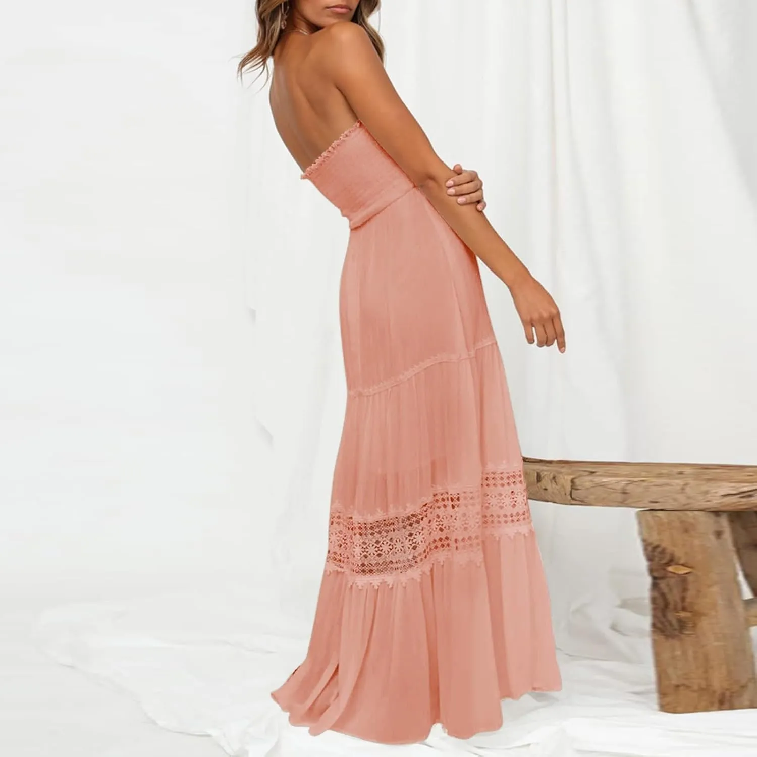 Womens Summer Bohemian Strapless Off Shoulder Lace Trim Backless Flowy A Line Beach Long Maxi Dress Womens Tunic