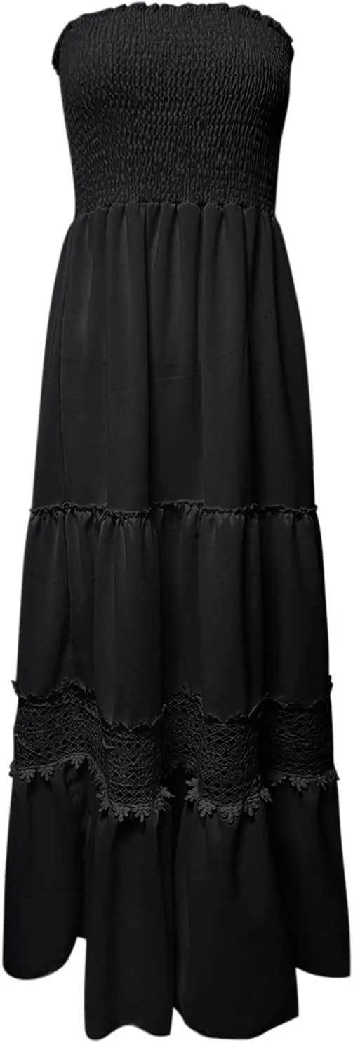 Womens Summer Bohemian Strapless Off Shoulder Lace Trim Backless Flowy A Line Beach Long Maxi Dress Womens Tunic