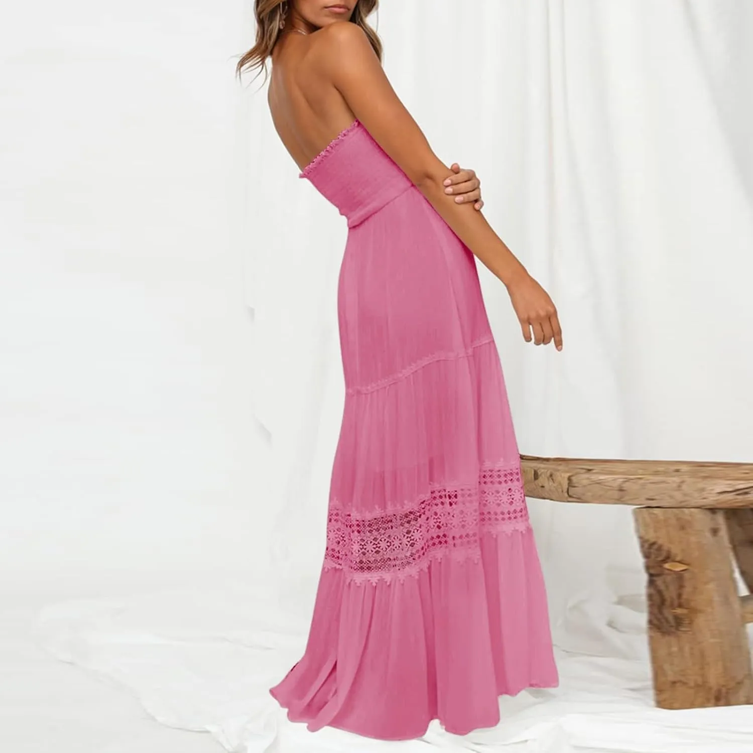 Womens Summer Bohemian Strapless Off Shoulder Lace Trim Backless Flowy A Line Beach Long Maxi Dress Womens Tunic