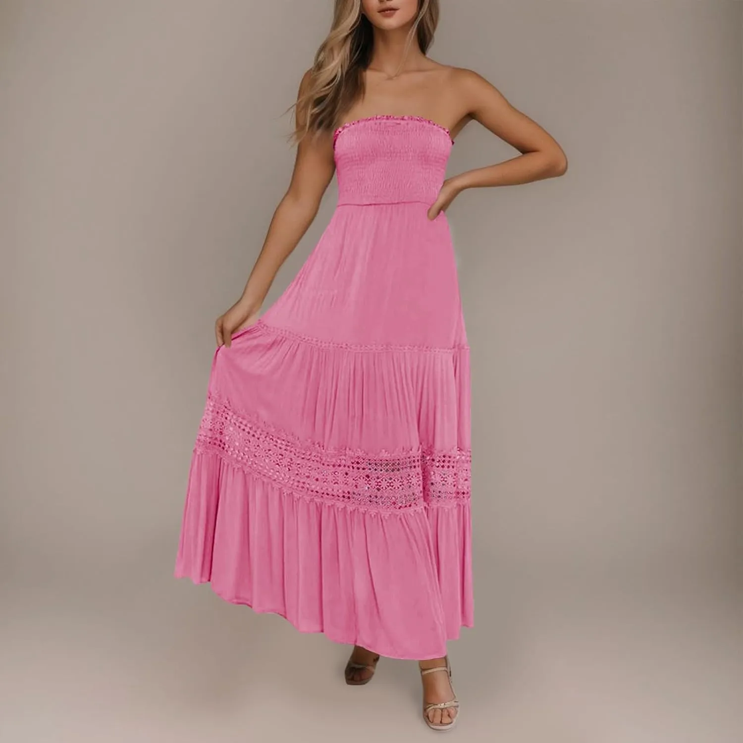 Womens Summer Bohemian Strapless Off Shoulder Lace Trim Backless Flowy A Line Beach Long Maxi Dress Womens Tunic