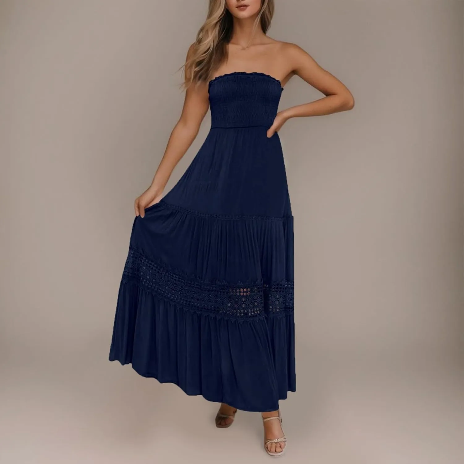 Womens Summer Bohemian Strapless Off Shoulder Lace Trim Backless Flowy A Line Beach Long Maxi Dress Womens Tunic