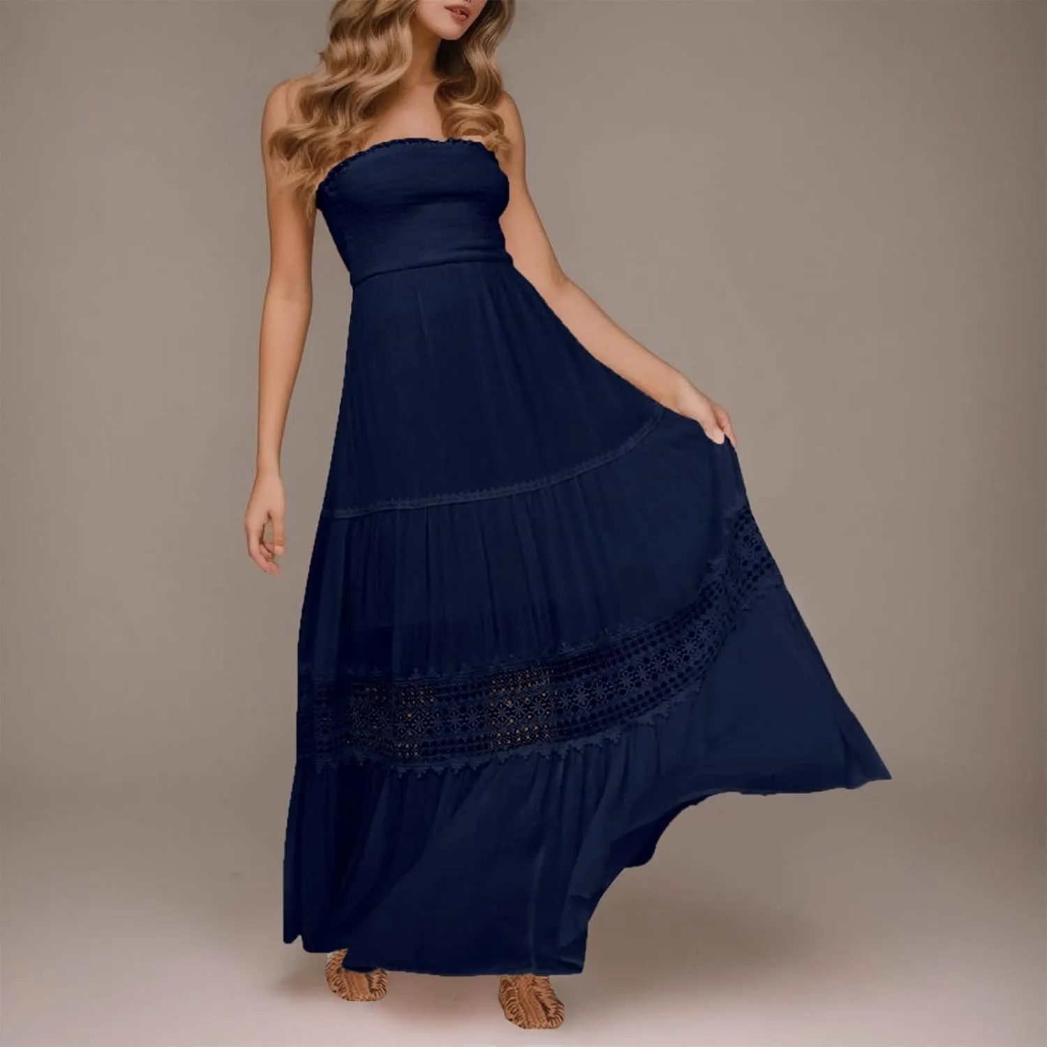 Womens Summer Bohemian Strapless Off Shoulder Lace Trim Backless Flowy A Line Beach Long Maxi Dress Womens Tunic