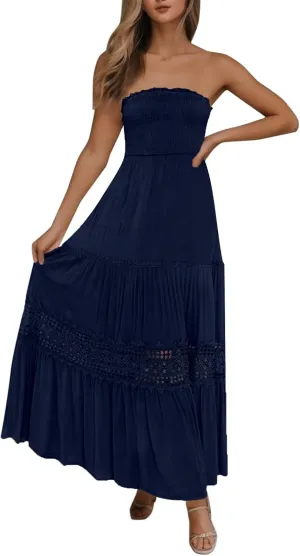 Womens Summer Bohemian Strapless Off Shoulder Lace Trim Backless Flowy A Line Beach Long Maxi Dress Womens Tunic