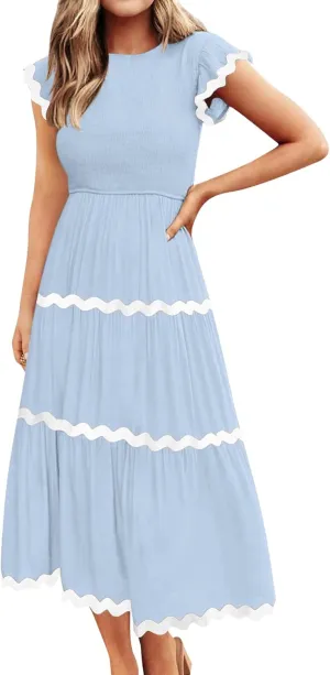 Women's Summer Flutter Short Sleeve Maxi Dresses Casual High Waist Rickrack Tiered Flowy Beach Vacation Dresses