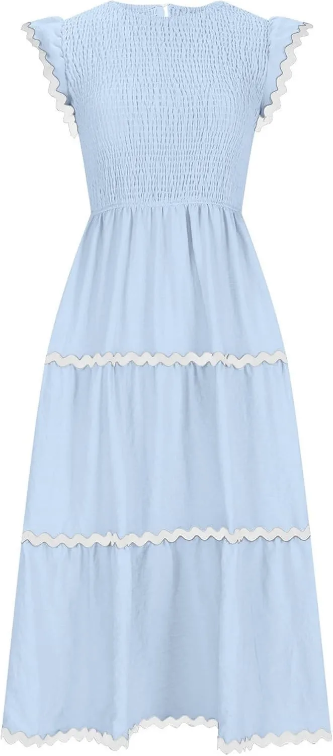 Women's Summer Flutter Short Sleeve Maxi Dresses Casual High Waist Rickrack Tiered Flowy Beach Vacation Dresses