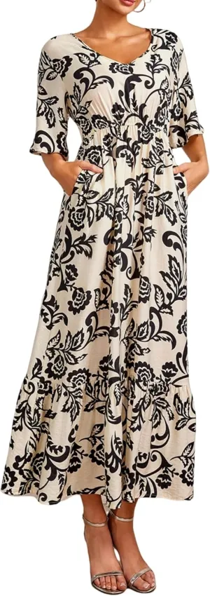 Women's Summer Half Sleeve Maxi Floral Dresses with Pockets