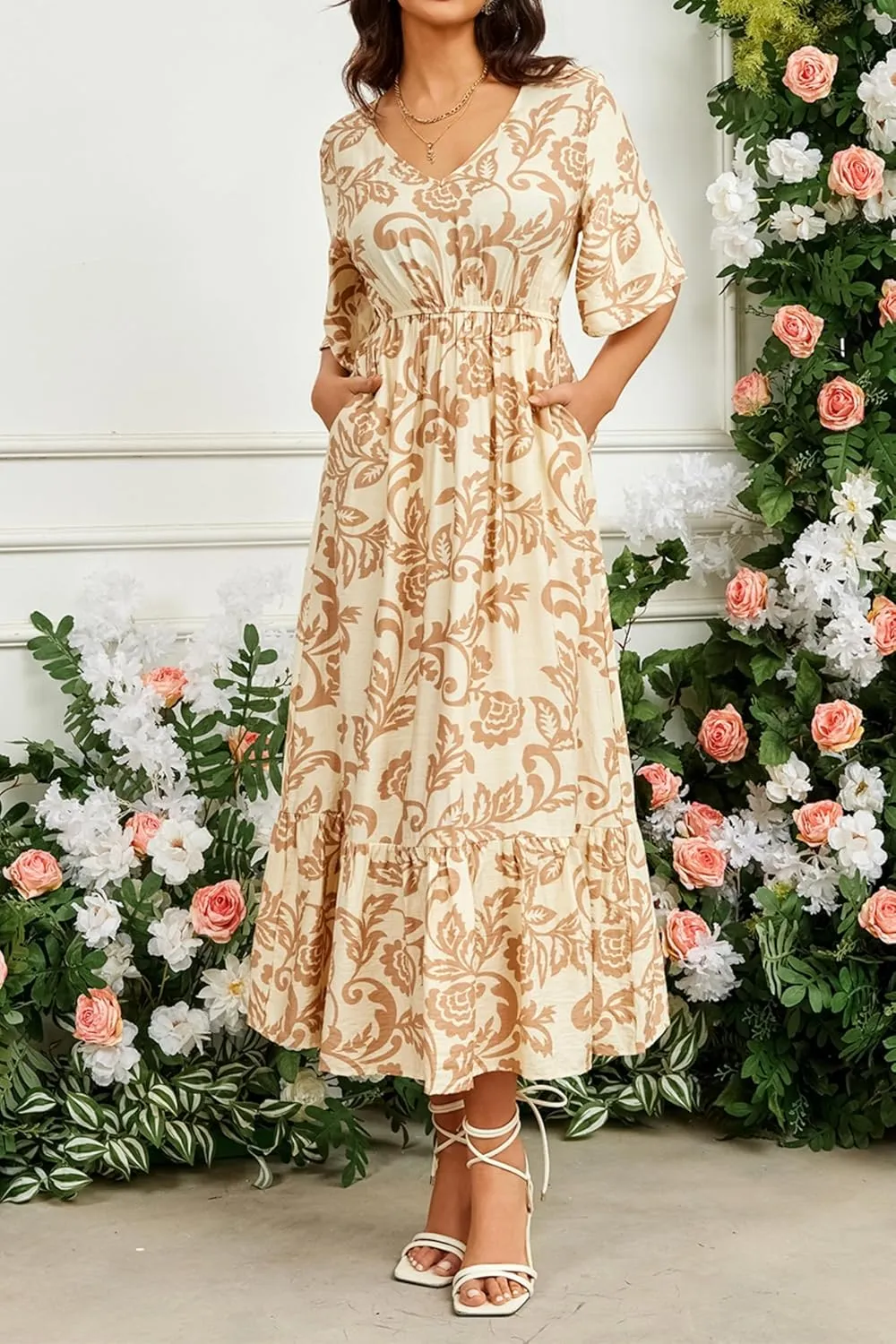 Women's Summer Half Sleeve Maxi Floral Dresses with Pockets