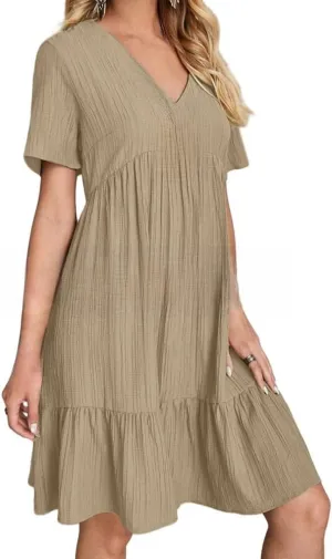 Womens Summer Pleated Ruffle Flowy Beach Sundresses, Short Sleeve V Neck Vacation T Shirt Dress Beach Sundresses
