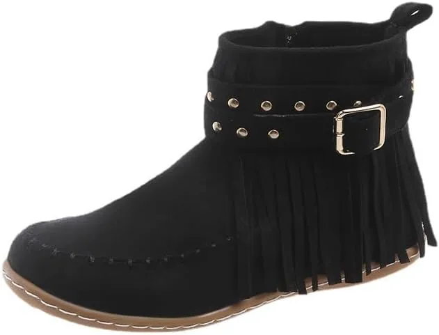 Women's Western Cowboy Boots, Tassel Faux Suede Booties Retro Comfortable Flat Round Toe Fringe Buckle Strap Ankle Boot Low Heel Slip On Short Boots Winter Snow Shoes for Ladies