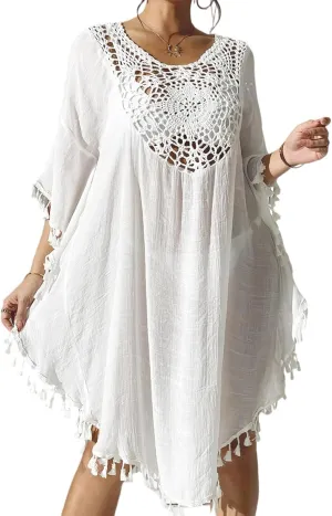 Xixiuly Women's Swimwear Cover Up Tassel 3/4 Sleeve Crochet Knit Hook Floral Splicing Bathing Suit Swimsuit Dress Coverups