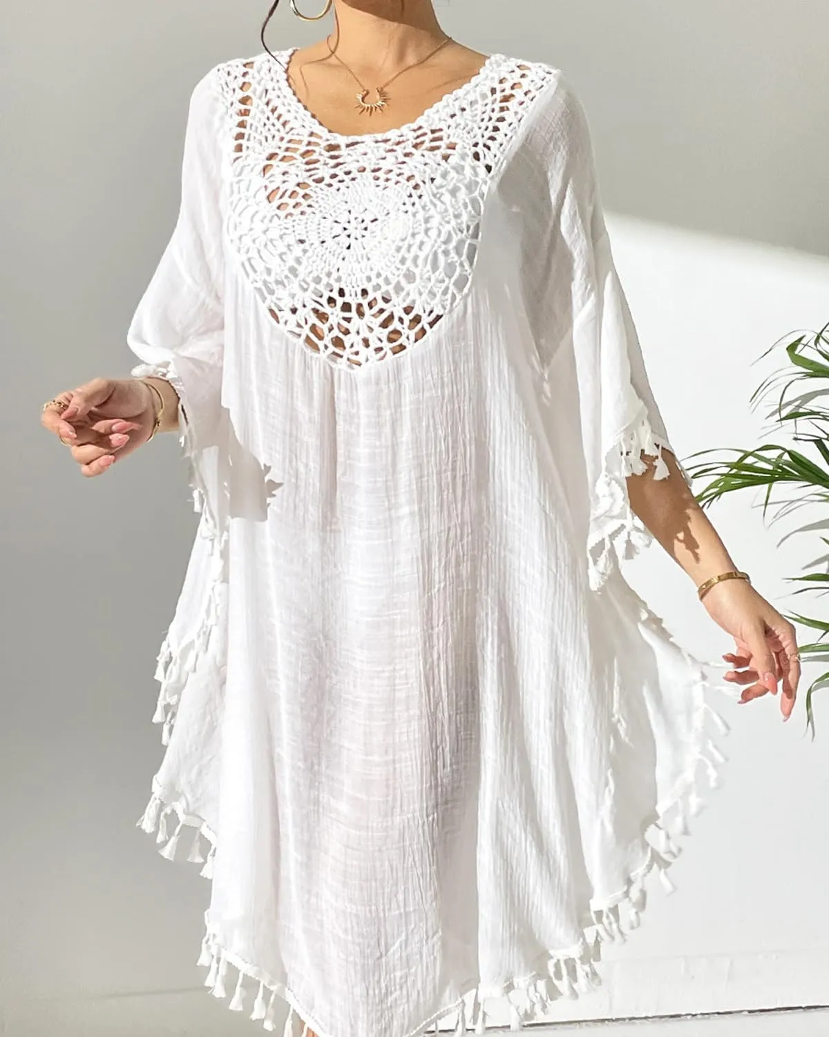 Xixiuly Women's Swimwear Cover Up Tassel 3/4 Sleeve Crochet Knit Hook Floral Splicing Bathing Suit Swimsuit Dress Coverups