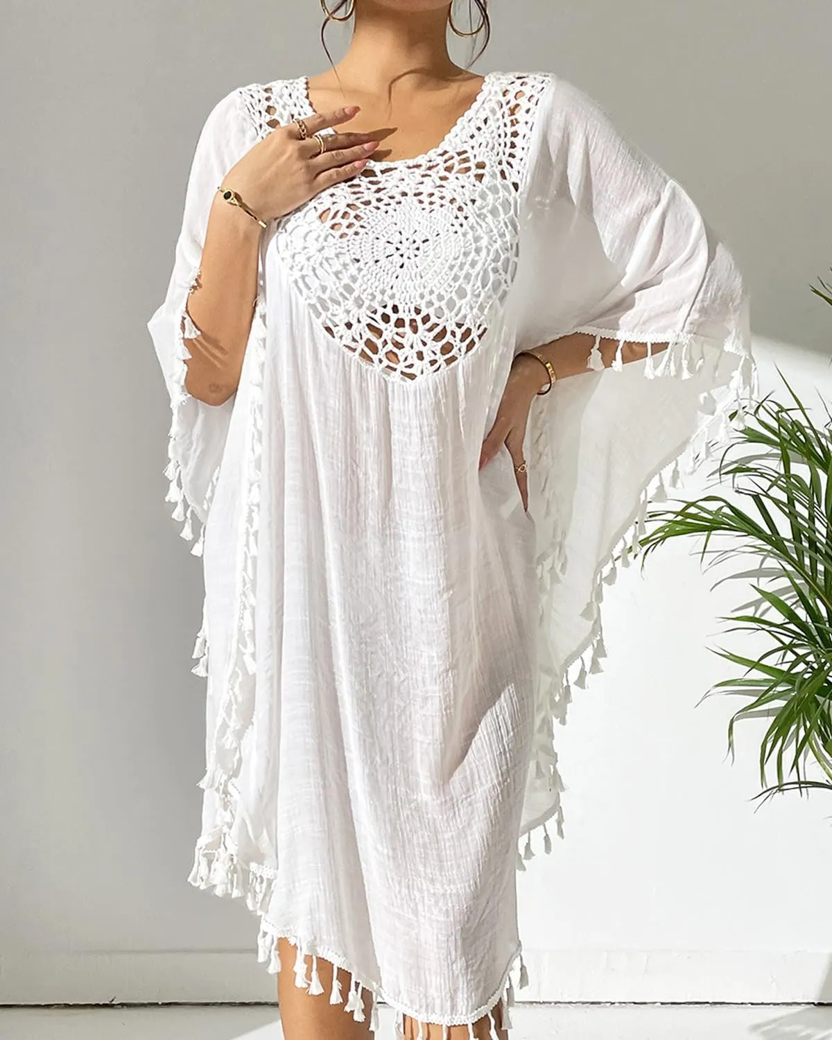 Xixiuly Women's Swimwear Cover Up Tassel 3/4 Sleeve Crochet Knit Hook Floral Splicing Bathing Suit Swimsuit Dress Coverups