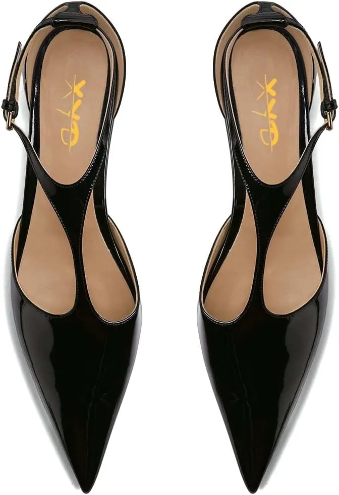 XYD Women Chic Pointed Closed Toe Flats Sleek Low Heel Chunky Slender T-Strap with Buckle Dress Party Casual Shoes